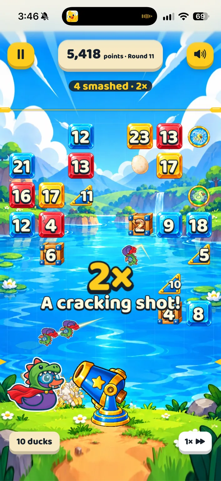 Actual Quack Cannon play: a dressed duck launched from the cannon at numbered blocks