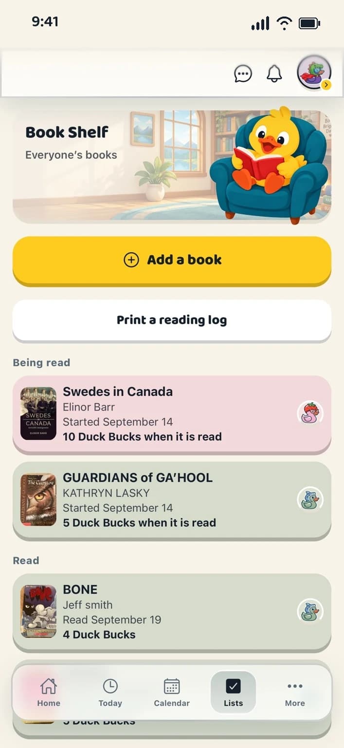 Actual family bookshelf showing books being read and finished books
