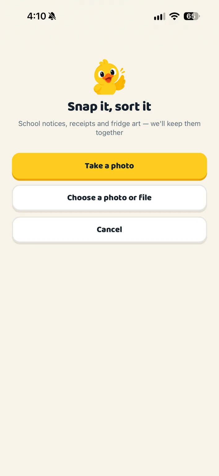 Actual Ducks in a Row capture screen: Snap it, sort it, with Take a photo