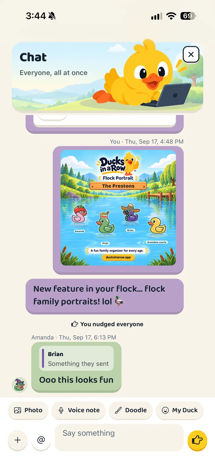 Actual Ducks in a Row family chat with a shared flock portrait and a reply