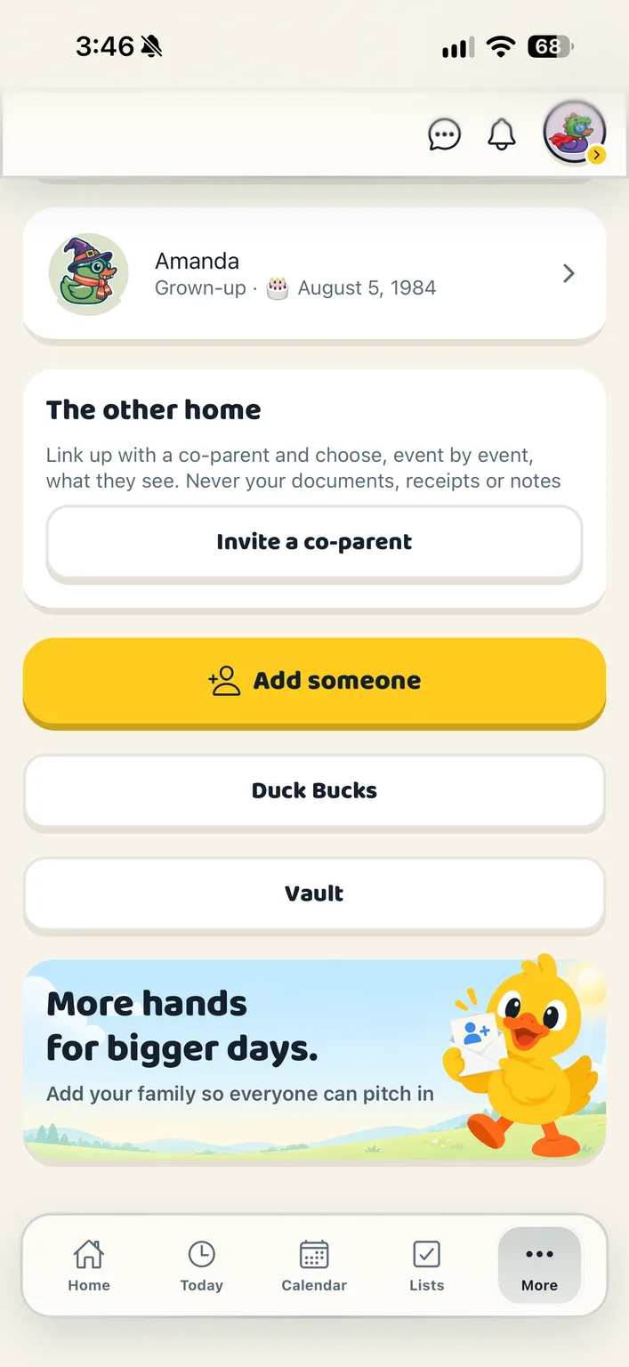 Actual Ducks in a Row Your flock screen with The other home and Invite a co-parent