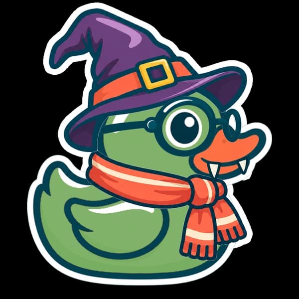 Amanda’s duck: A meadow-green duck in a witch hat, round glasses, vampire fangs and a striped scarf.