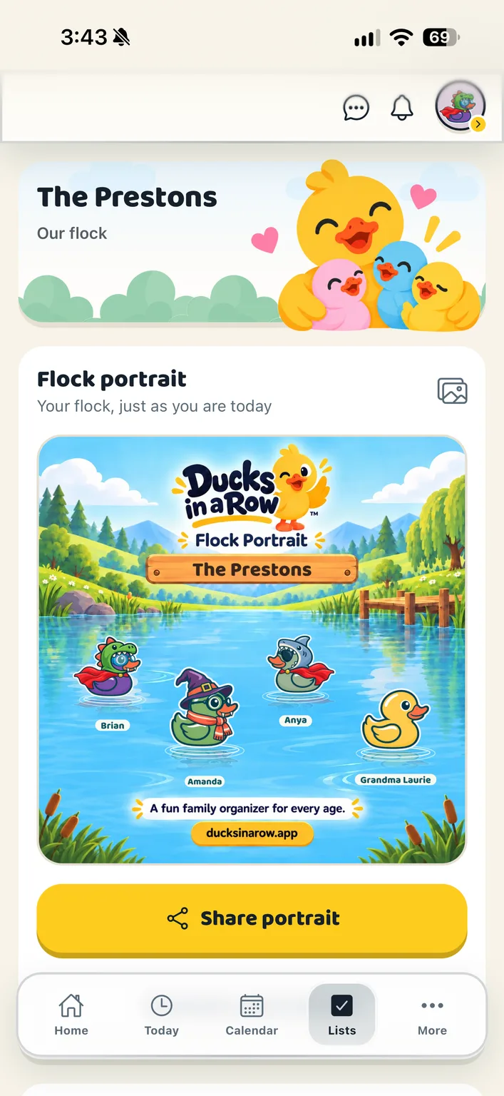 Actual Ducks in a Row Your flock screen with the Prestons’ flock portrait