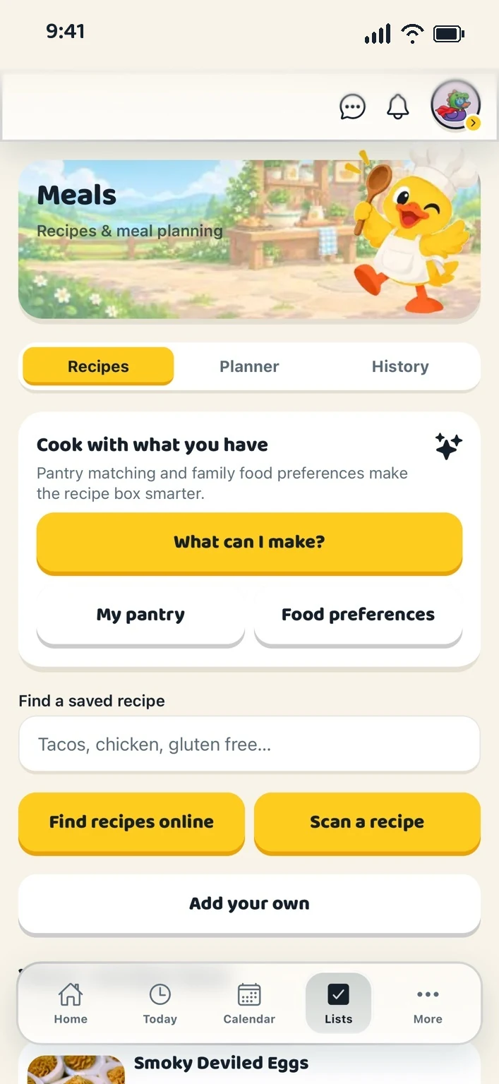 Actual Ducks in a Row recipe and meal planning screen