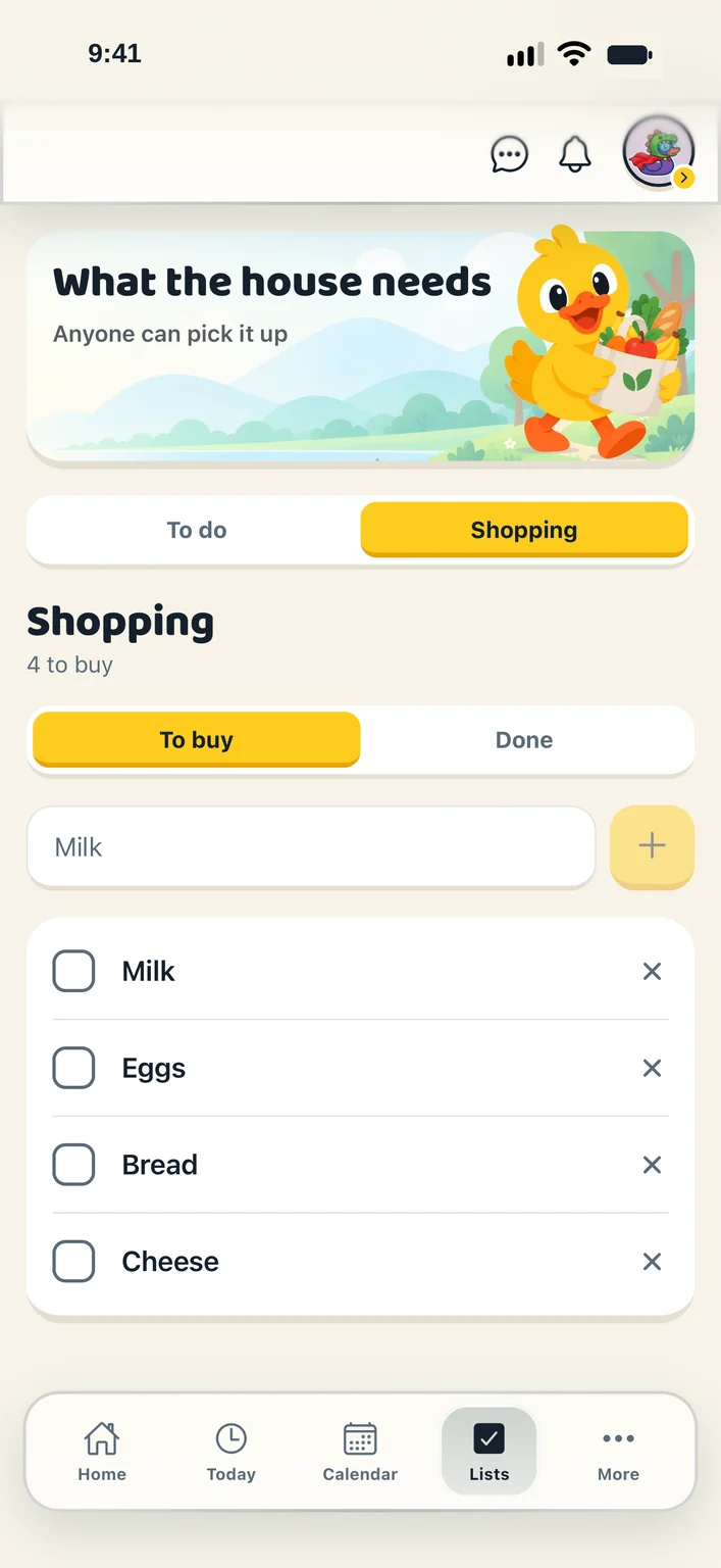 Actual Ducks in a Row shopping list with milk, eggs, bread and cheese to buy