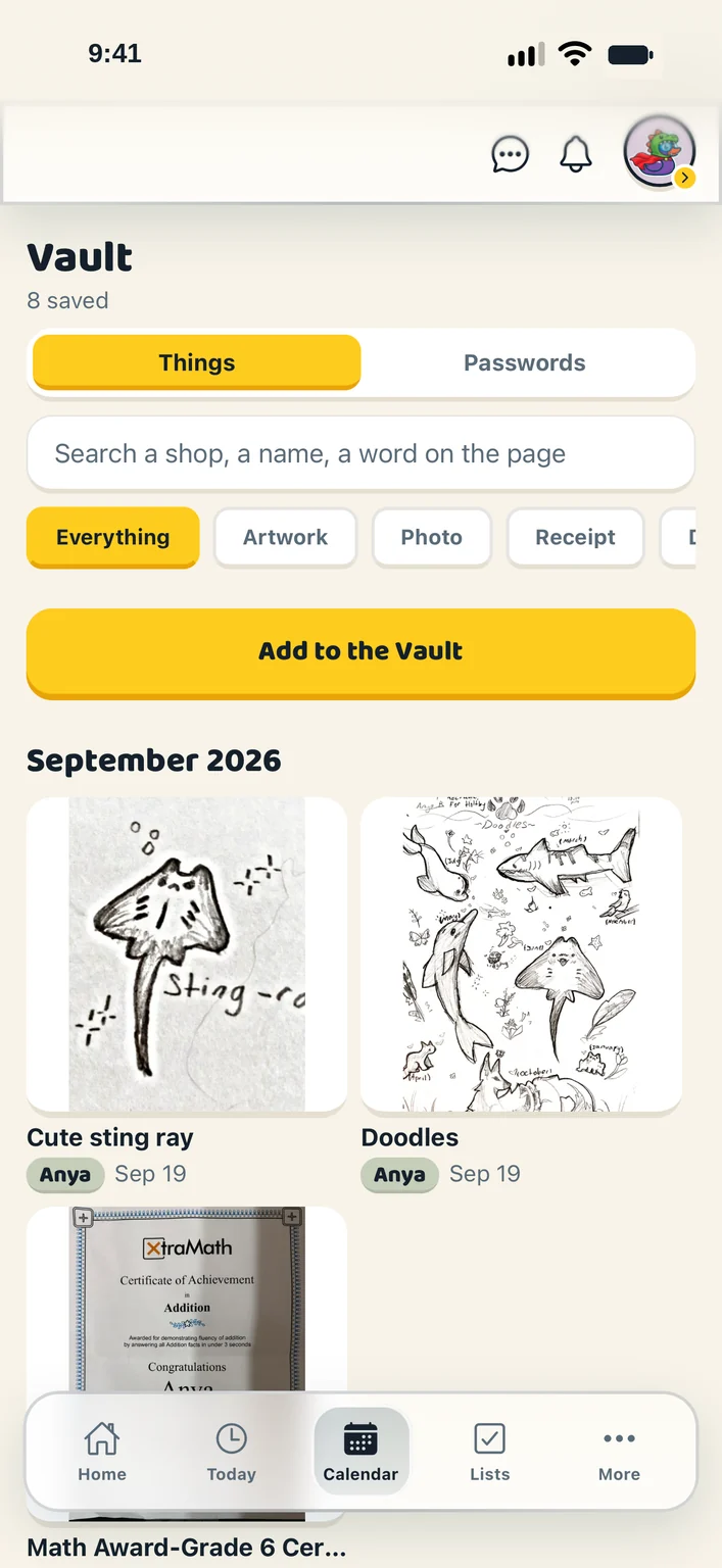 Actual Ducks in a Row Vault screen with children’s artwork and a certificate